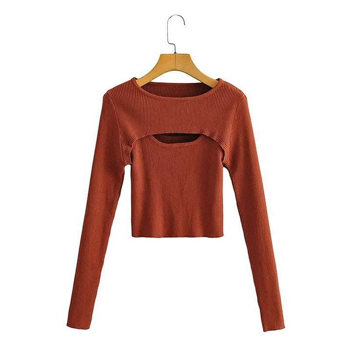 Women Ribbed Cropped Fine Knit Top with Cut-Out Details Amarae