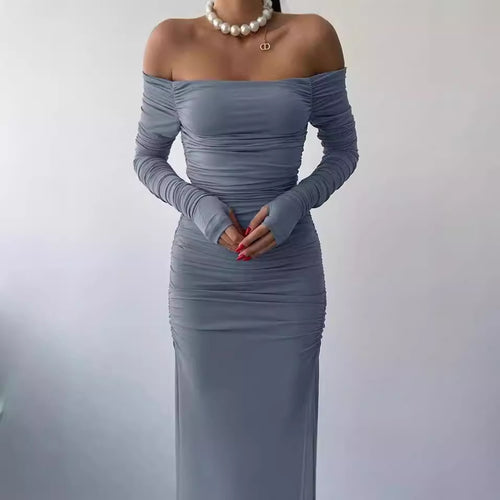 Elegant maxi dress for women with off-the-shoulder design, ruching and long sleeves Amarae