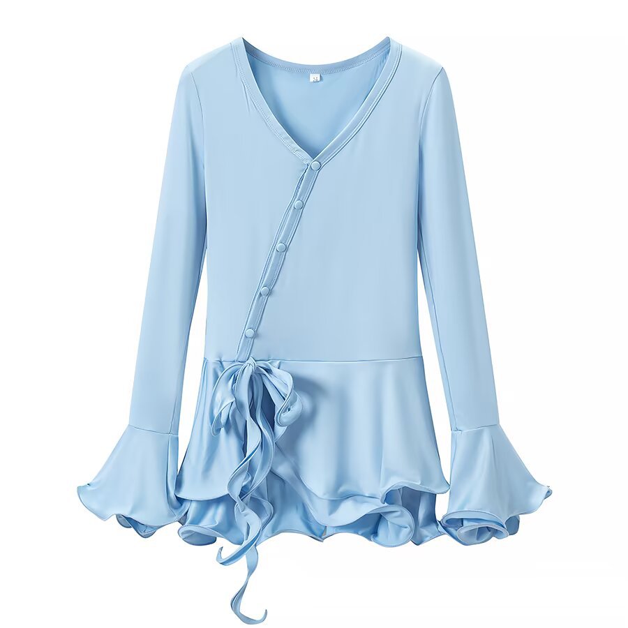 Women's wrap blouse with asymmetrical button placket, gathered hem, and trumpet sleeves Amarae