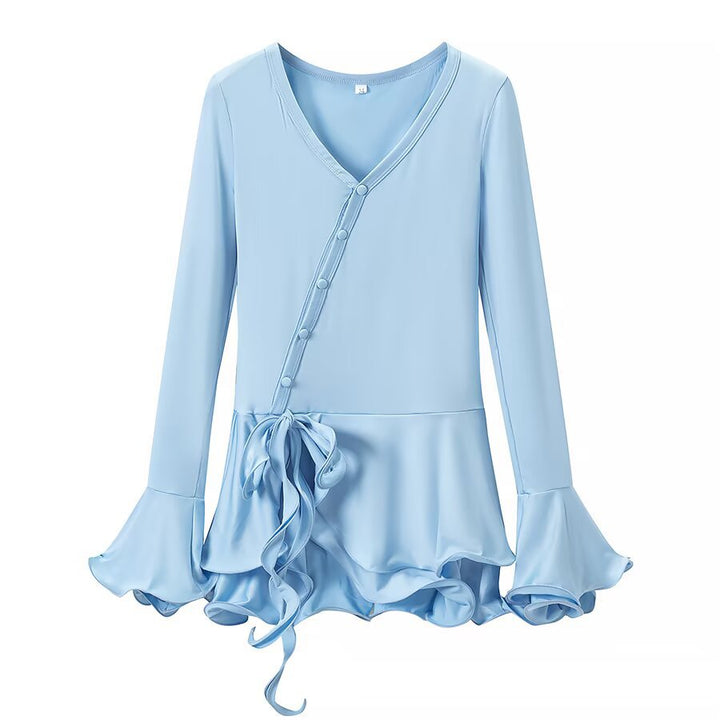 Women's wrap blouse with asymmetrical button placket, gathered hem, and trumpet sleeves Amarae