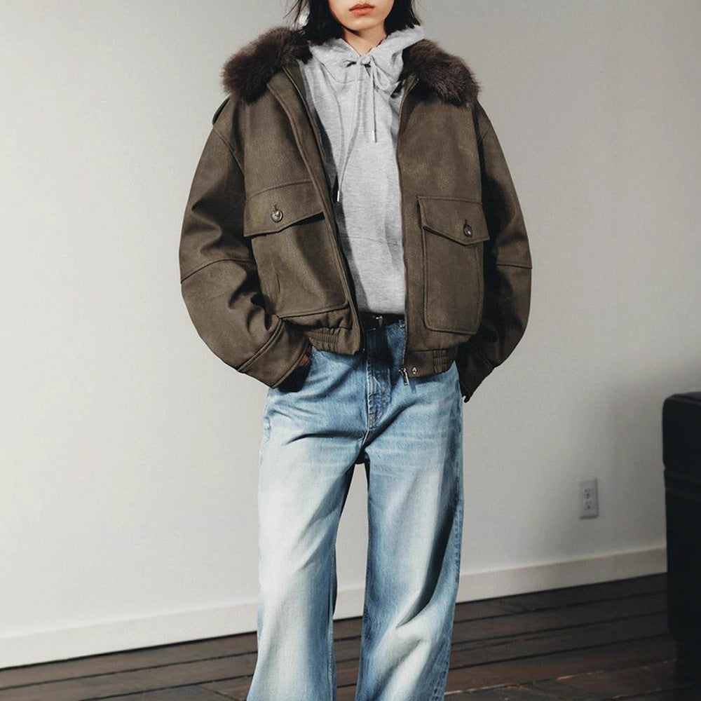 Women's short jacket in aviator style with faux fur hood and patch pockets Amarae