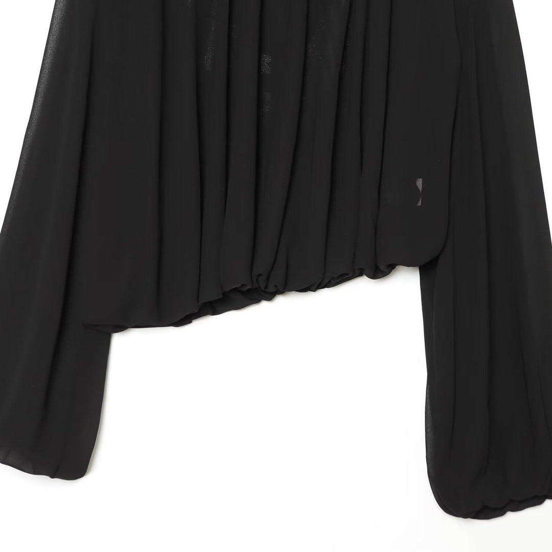 Ladies Pleated Blouse with Stand Collar and Balloon Sleeves Amarae