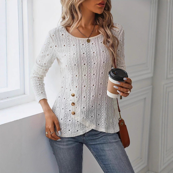 Long sleeve blouse for women with an intricate crochet pattern and chic button details