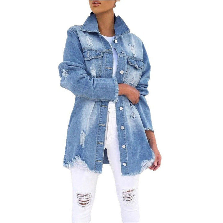 Women's Oversized Denim Jacket with Destroyed Details, Longer Cut and Frayed Hem Amarae