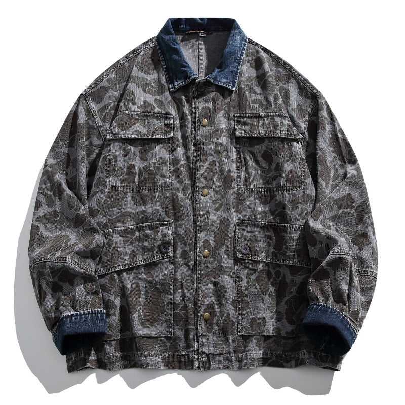 Men's Boxy Jeans Jacket in Camouflage Pattern with Contrast Collar and Multiple Pockets Amarae