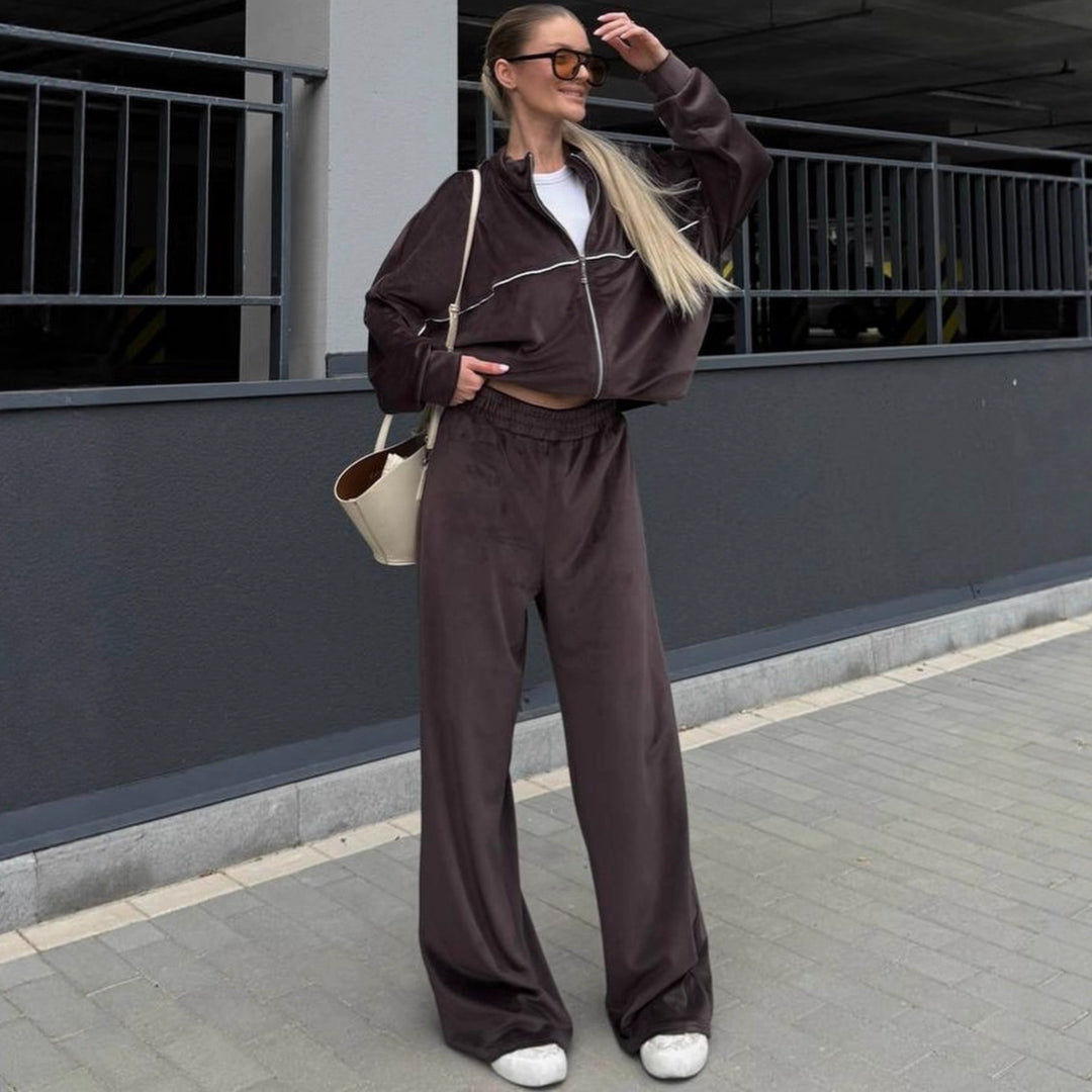 Lune London women's sporty velour lounge set with full zip and wide pants