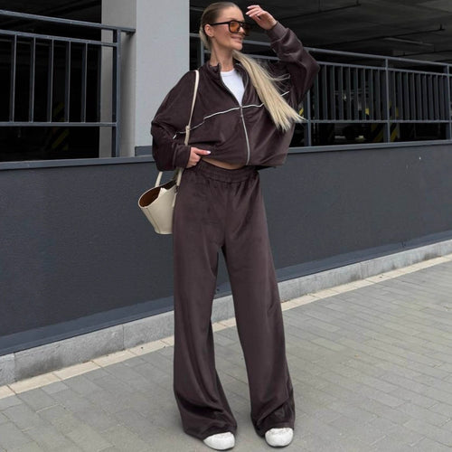 Amarae women's sporty velour lounge set with full zip and wide pants