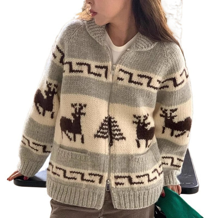 Ladies Comfortable Ribbed Zip Sweater with Festive Pattern Lune London