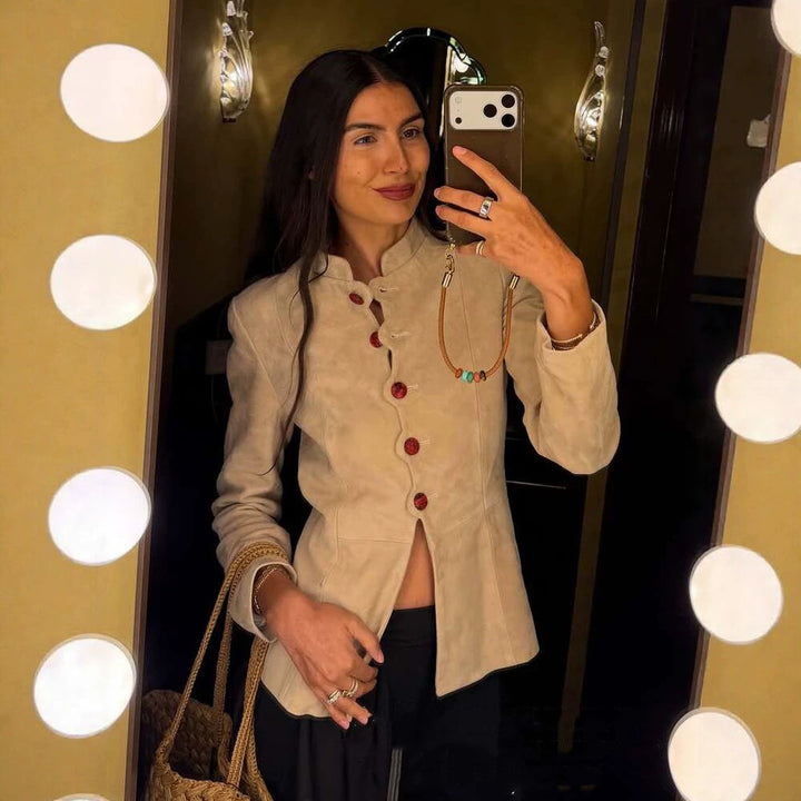 Women's Tailored Suede Blazer with Stand Collar and Decorative Buttons Amarae