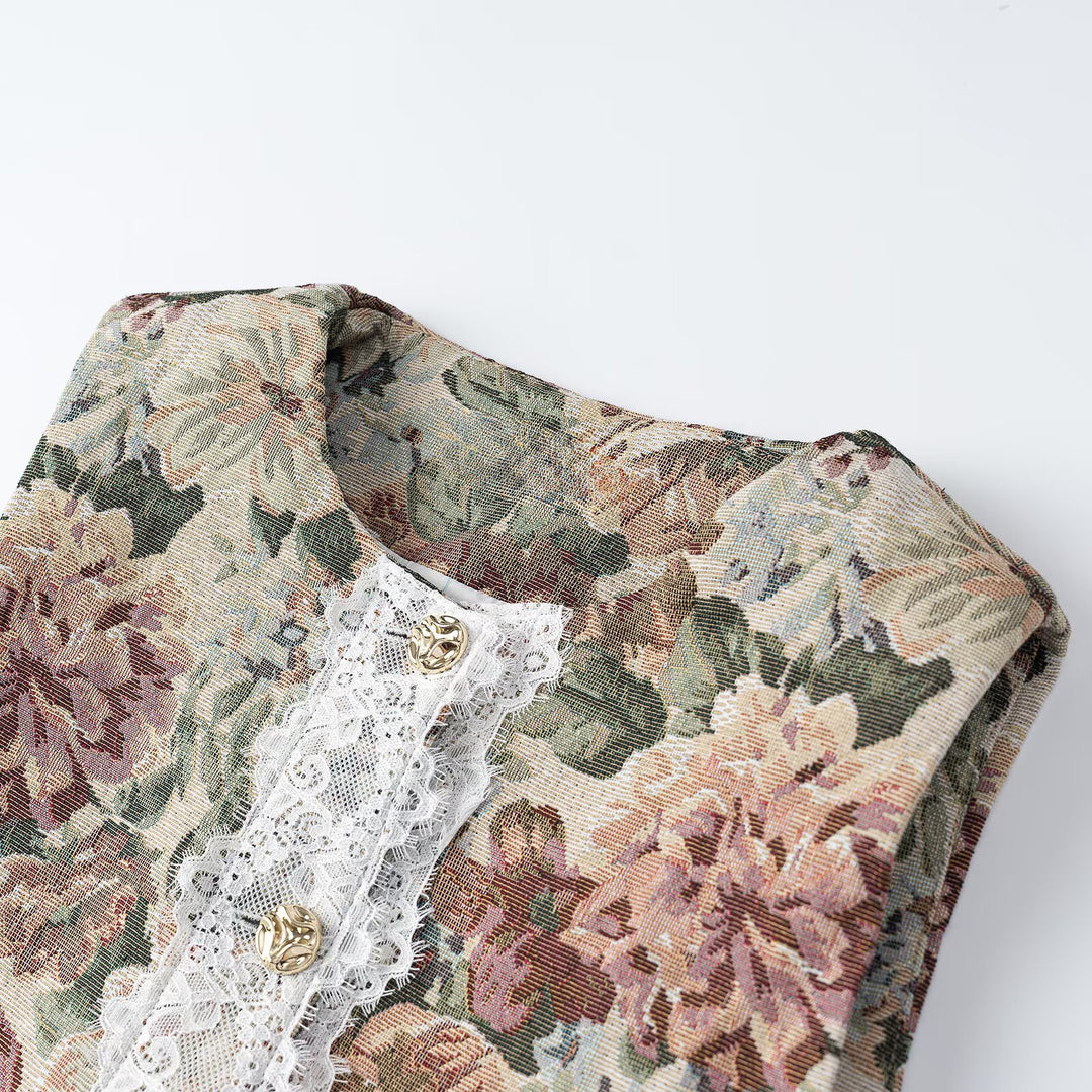 Women's elegant brocade waistcoat with floral jacquard texture, decorative buttons, and lace trim Amarae