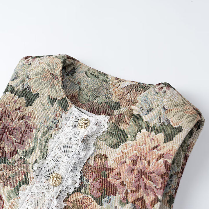 Women's elegant brocade waistcoat with floral jacquard texture, decorative buttons, and lace trim Amarae