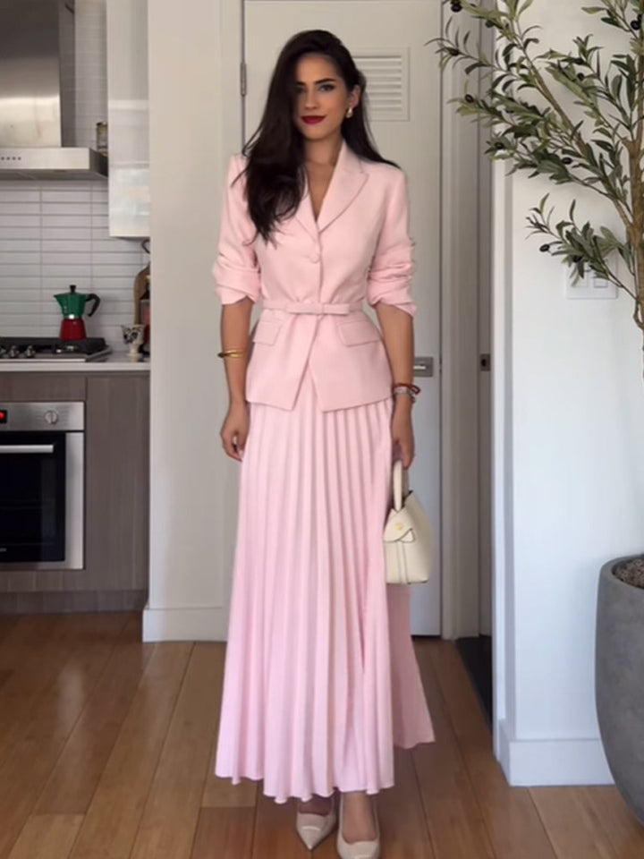 Women's Tailored Blazer and Midi Skirt Set with Pleated Skirt & Tied Belt Amarae