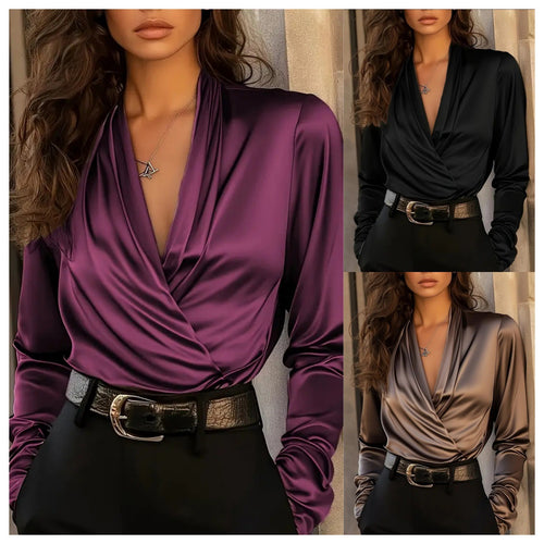 Women's elegant satin blouse with wrap design and deep V-neck Amarae