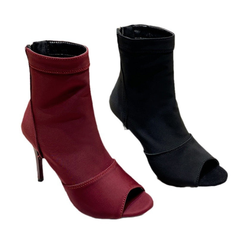 Women's Open Toe Ankle Boots with Stretch Shaft and Slim Stiletto Heel Amarae