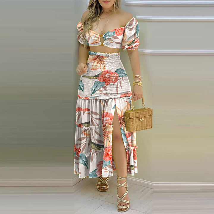 Robe d'été deux pièces pour femmes en tissu froissé avec manches bouffantes et fente haute Chic & Stil