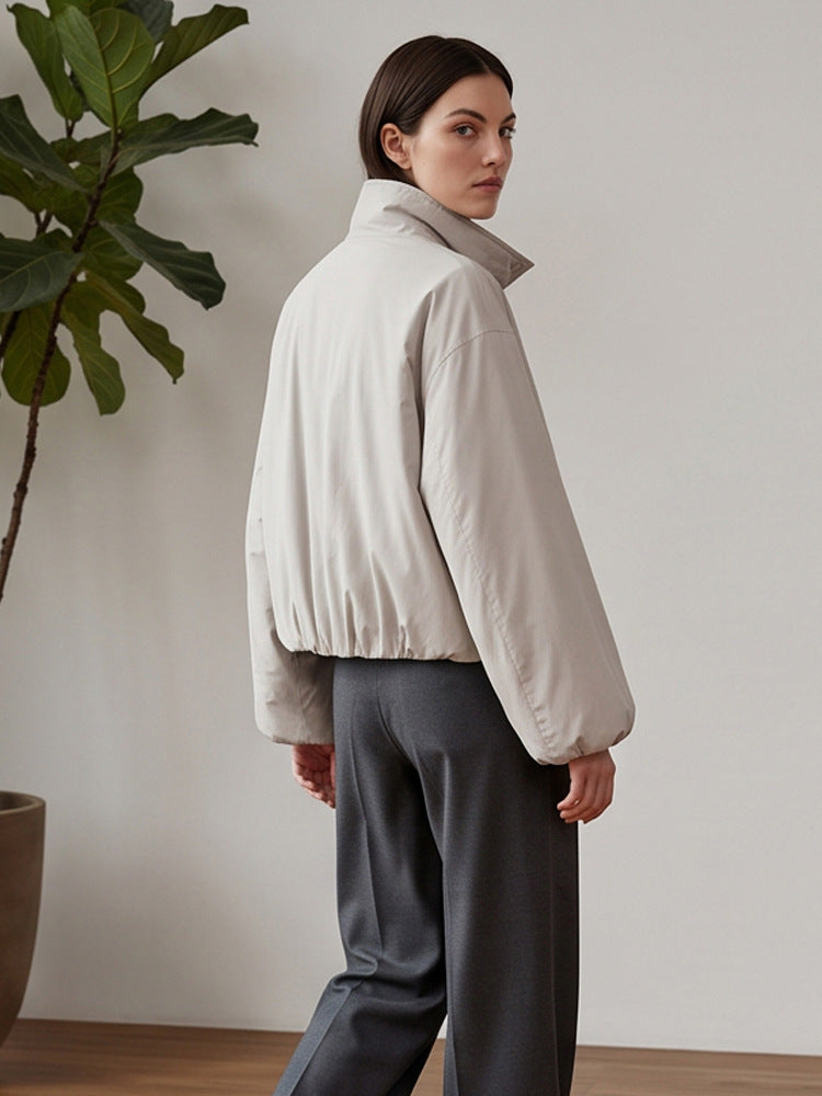 Women's Short Cut Stand Collar Bomber Jacket with Elastic Hem and Raglan Sleeves Amarae