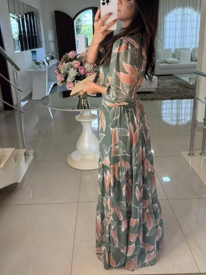 Maxi dress for women with casual V-neck, waist belt, and voluminous sleeves Lune London