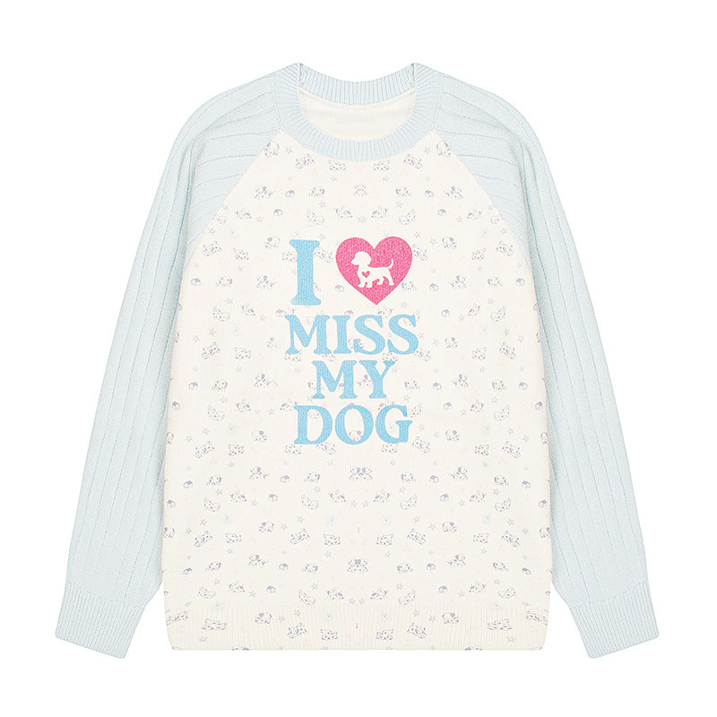 Women's knit sweater with raglan sleeves, allover dog motif and statement print Amarae