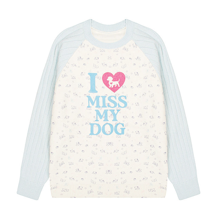 Women's knit sweater with raglan sleeves, allover dog motif and statement print Amarae