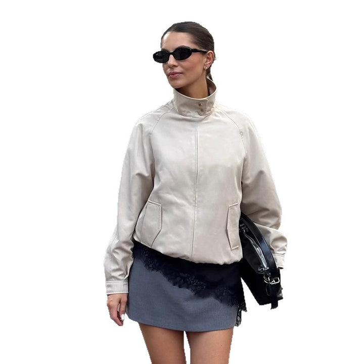 Women Lightweight Tailored Cropped Bomber with High Stand Collar and Raglan Sleeves Amarae