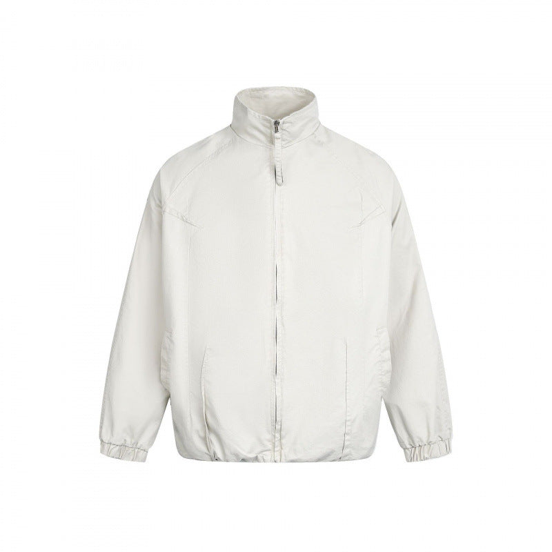 Men's Minimalist Nylon Bomber Jacket with Stand Collar, Raglan Sleeves and Gathered Hem Amarae