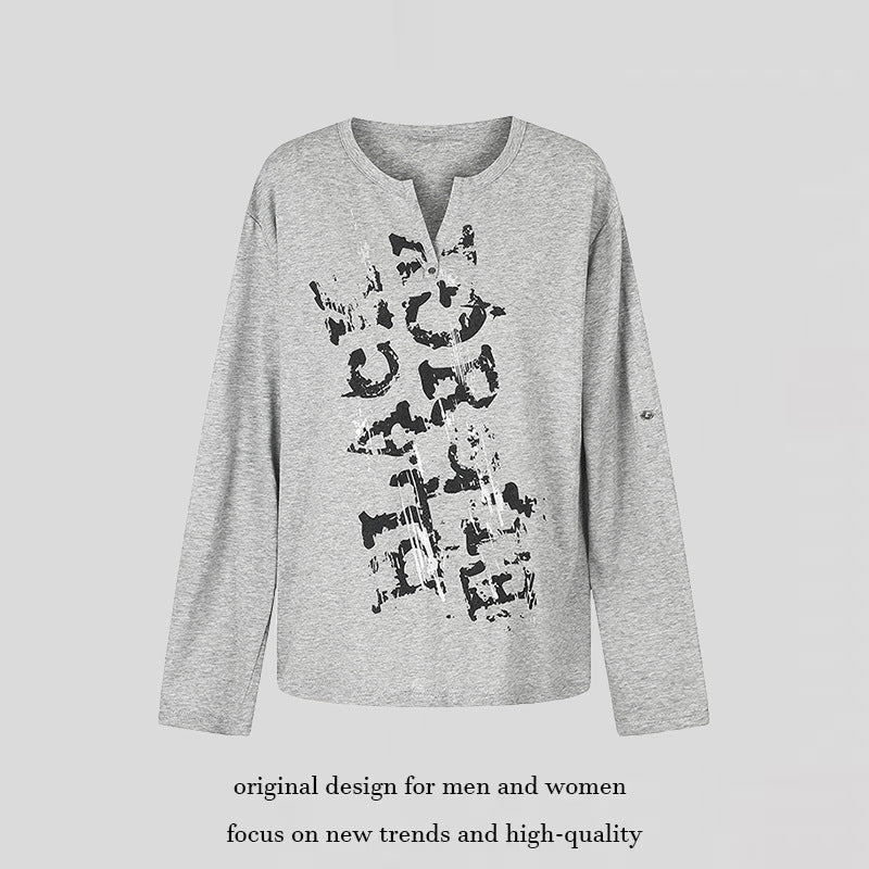 Women Long Sleeve Shirt with Notch Neckline and Vintage Print Amarae