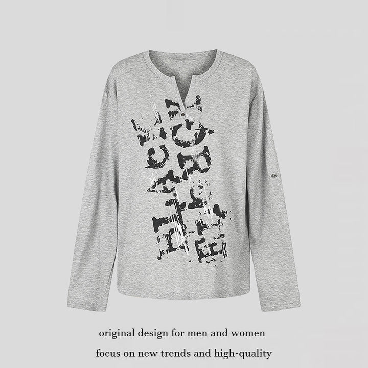 Women Long Sleeve Shirt with Notch Neckline and Vintage Print Amarae