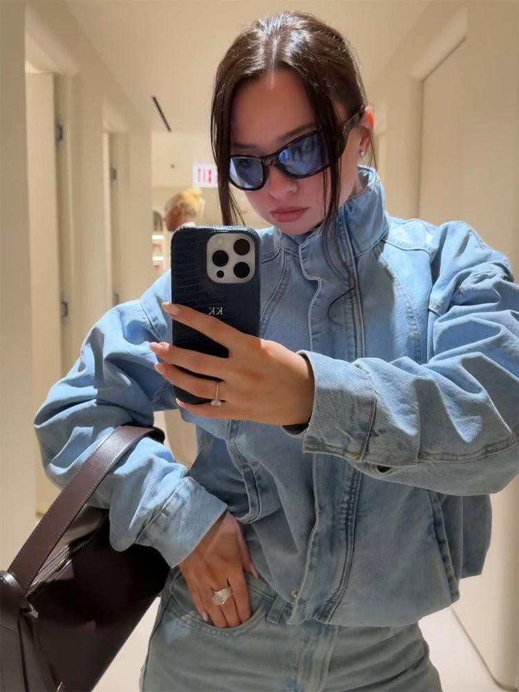 Women's Cropped Denim Jacket in Bomber Style with High Standing Collar and Oversized Sleeves Amarae