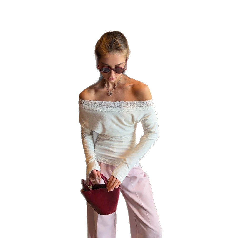 Women Slim-Fit Off-Shoulder Fine Knit Top with Lace Edge Amarae
