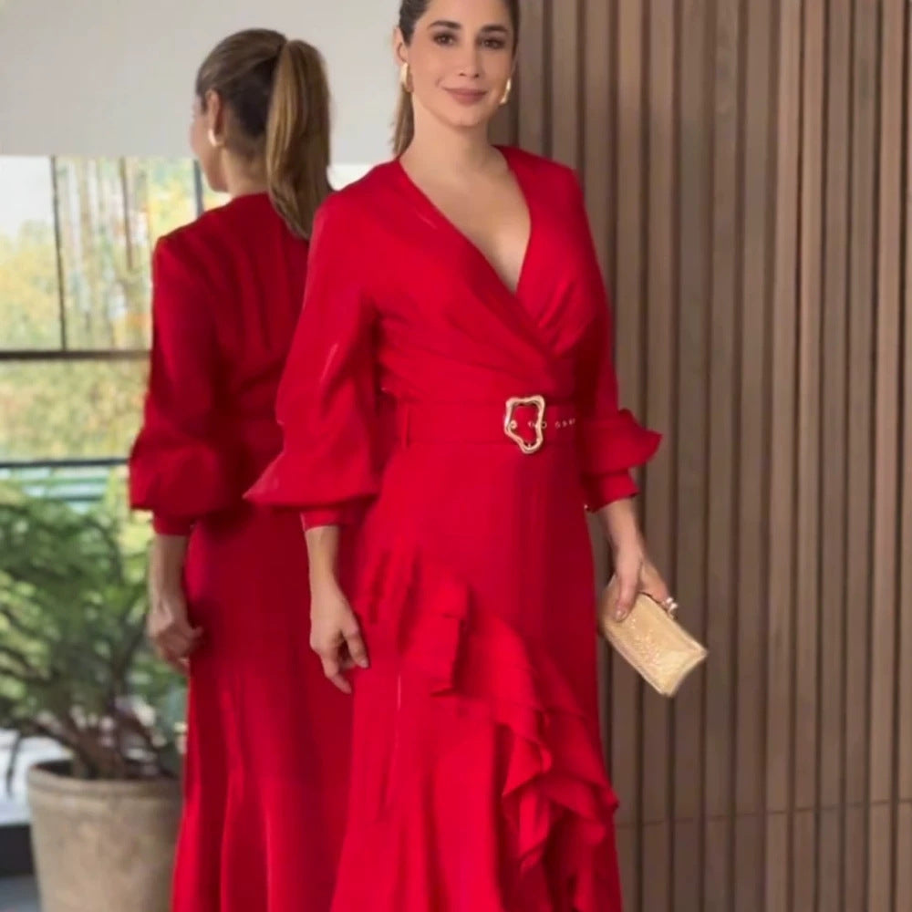 Women's Elegant Wrap Maxi Dress with Ruffles, Fitted Belt & Wide Bell Sleeves Amarae