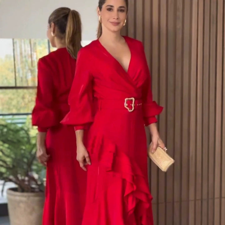 Women's Elegant Wrap Maxi Dress with Ruffles, Fitted Belt & Wide Bell Sleeves Amarae