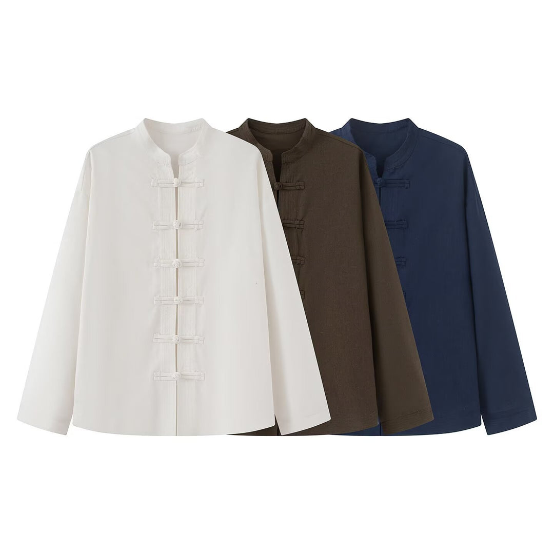 Ladies wide blouse jacket with stand collar and knot closure Amarae