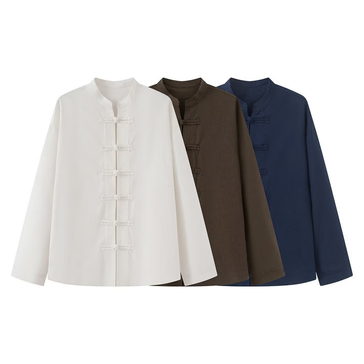 Ladies wide blouse jacket with stand collar and knot closure Amarae