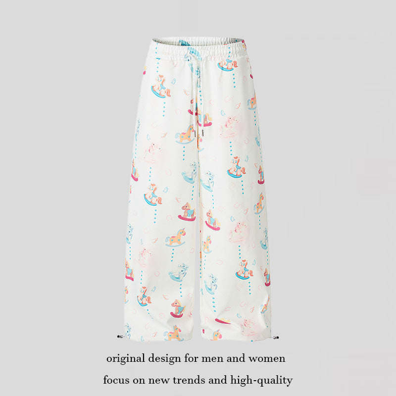 Women's Wide Palazzo Lounge Pants with Comfortable Waistband, Drawstring and Playful Rocking Horse Print Amarae