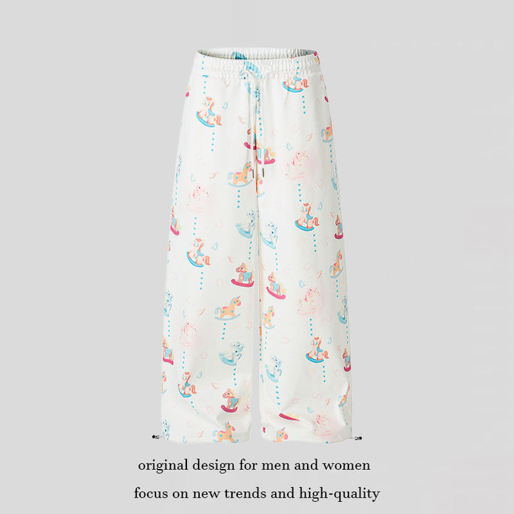 Women's Wide Palazzo Lounge Pants with Comfortable Waistband, Drawstring and Playful Rocking Horse Print Amarae