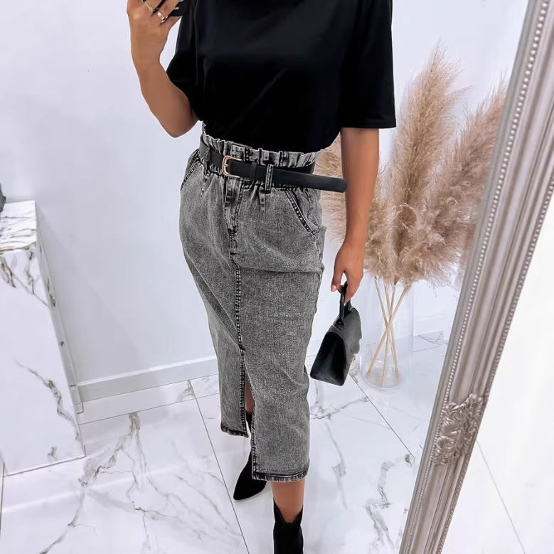 Women's High-Waisted Paperbag Denim Midi Skirt with Front Slit and Tied Belt Amarae