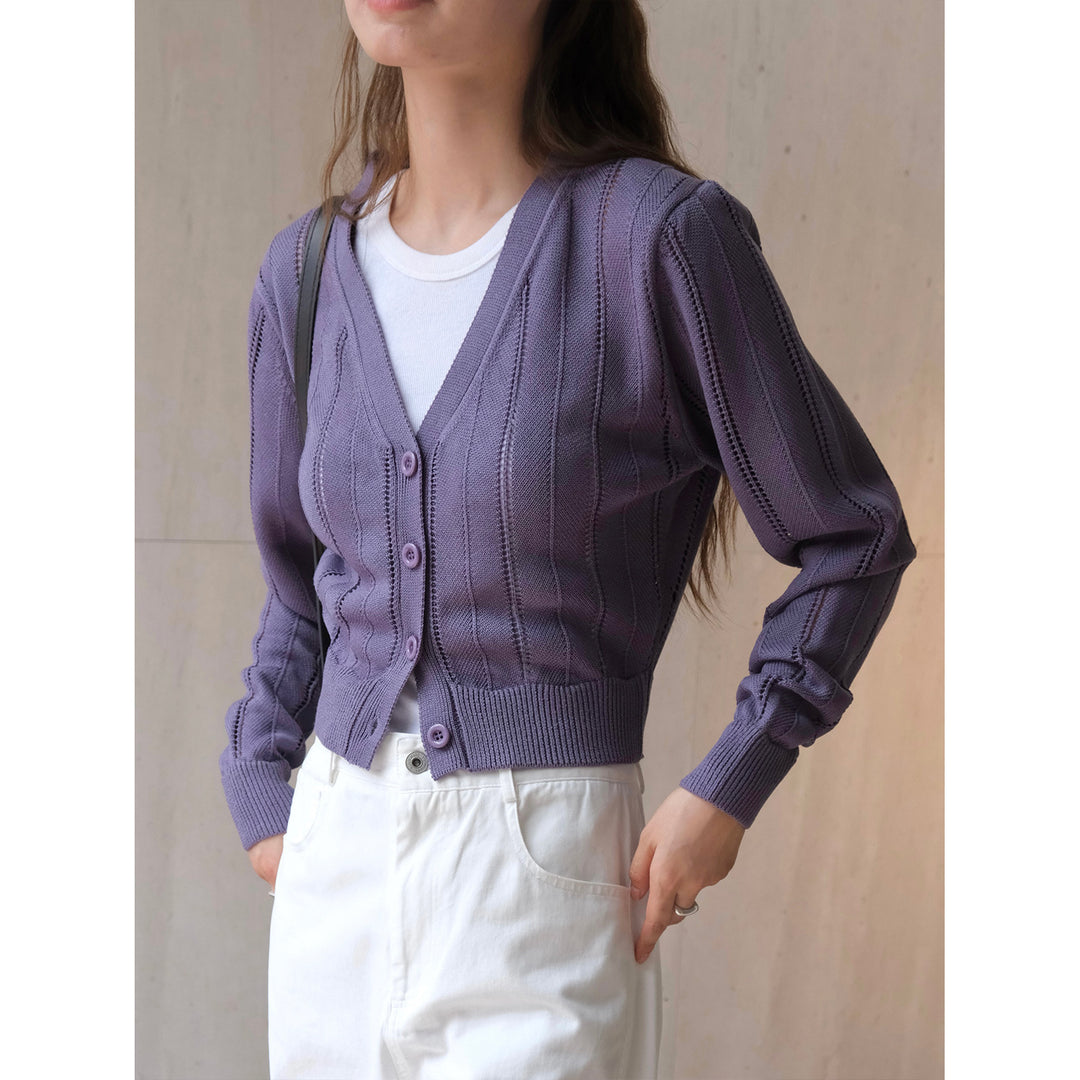 Women's Light Openwork Knit Cardigan with V-Neck and Tailored Ribbed Hem Amarae
