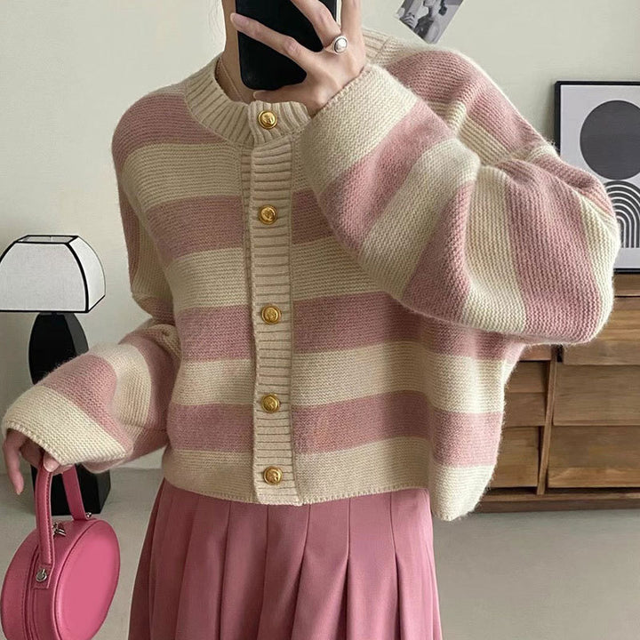 Women's knit jacket with decorative striped pattern and gold buttons Lune London