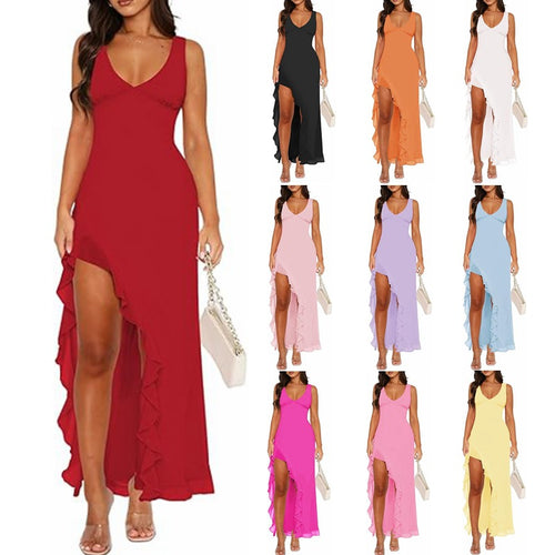Women's maxi dress with asymmetric hem and ruffle details Amarae