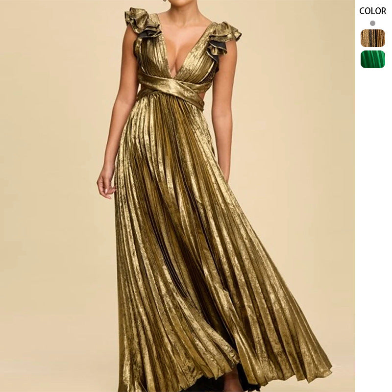 Ladies Glamorous Pleated Maxi Dress with Deep V-Neck and Puff Sleeves Lune London