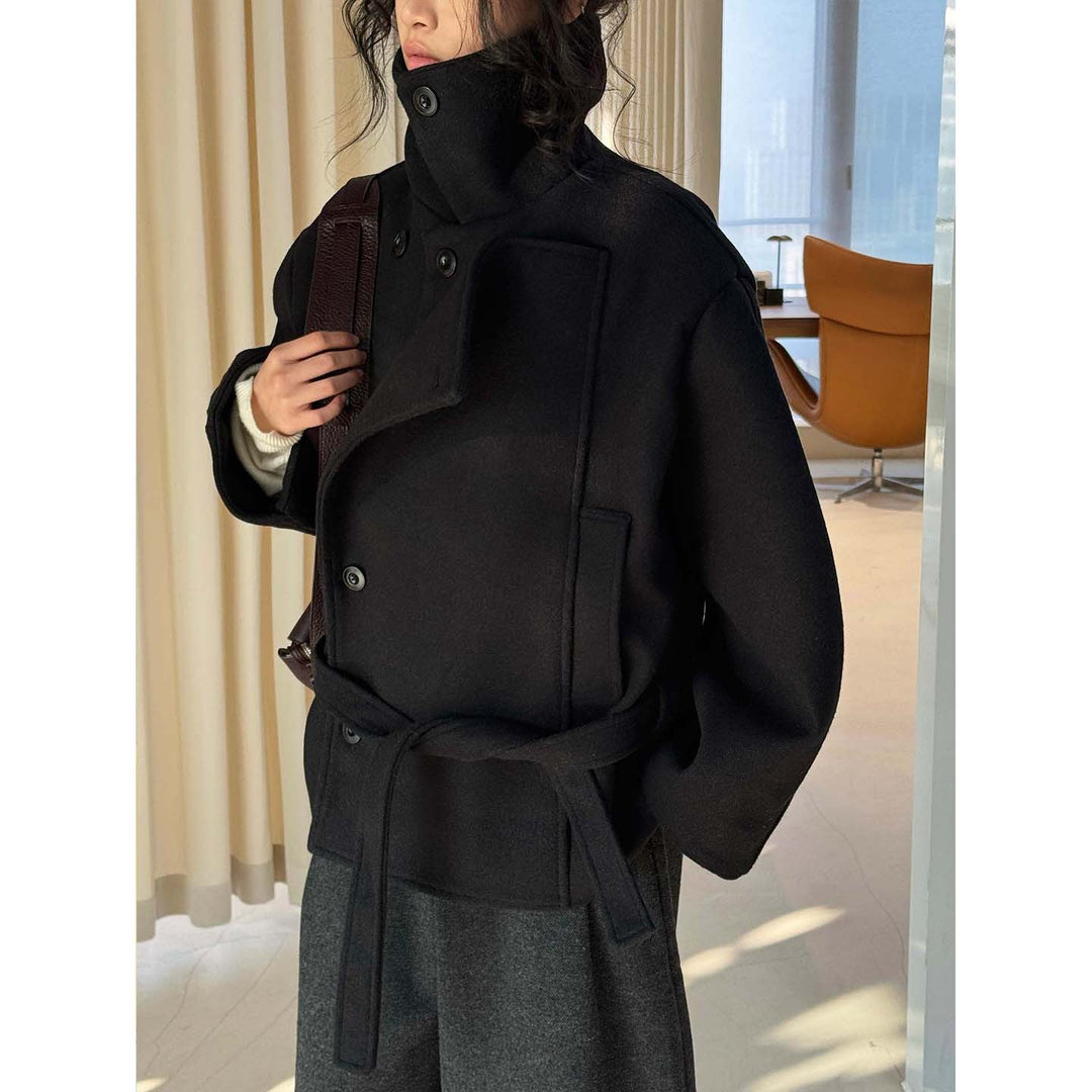 Women Short Tailored Wool Coat with Ties and Wide Stand-Up Collar Amarae