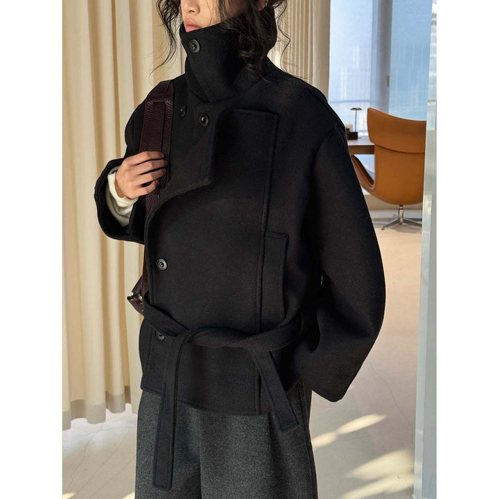 Women Short Tailored Wool Coat with Ties and Wide Stand-Up Collar Amarae