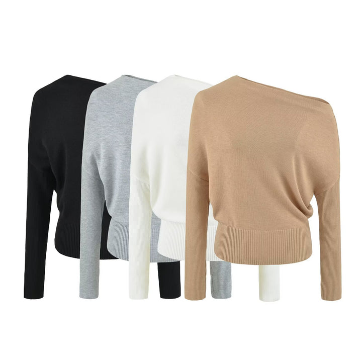 Women's Oversize One-Shoulder Pullover with Batwing Sleeves and Wide Ribbed Cuff Amarae