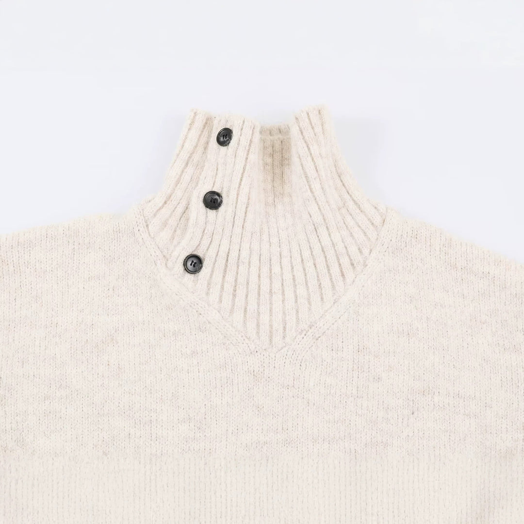 Women's Oversized Knit Sweater with High Ribbed Collar, Button Detail and V-Neck Amarae