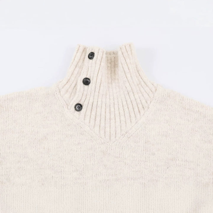 Women's Oversized Knit Sweater with High Ribbed Collar, Button Detail and V-Neck Amarae