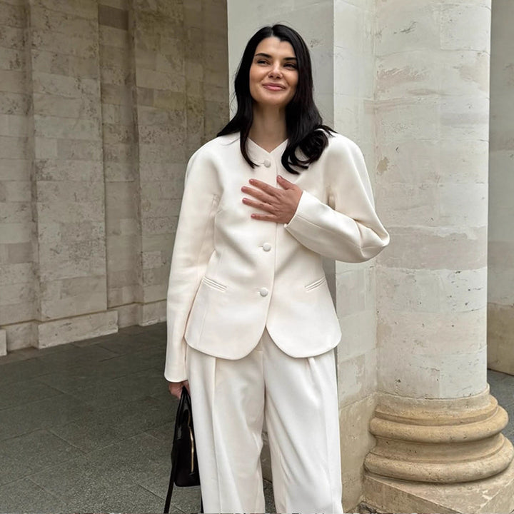 Women Short Blazer with Sculptural Shoulder, Rounded Neckline and Concealed Button Placket Amarae