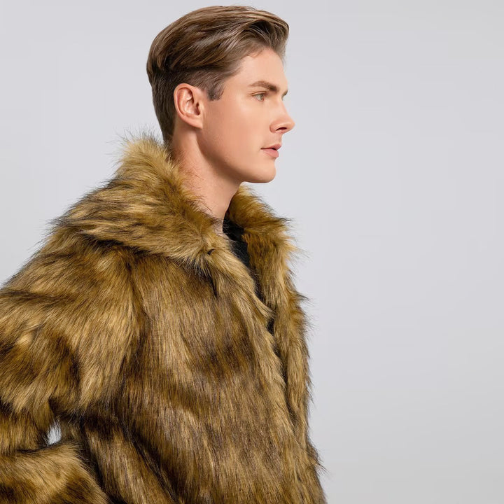 Long faux fur coat for men with high collar and luxurious inner lining Lune London