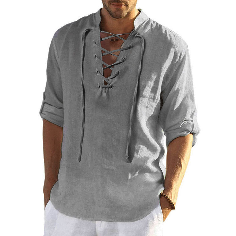 Airy linen shirt for men with decorative lace-up closure Lune London