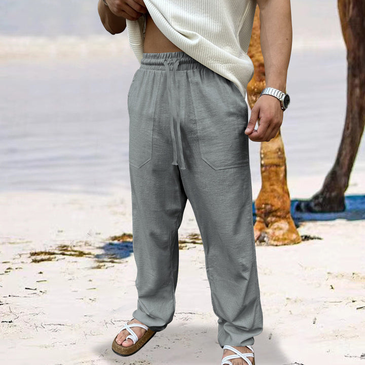 Men's linen cargo pants with elastic waist and practical side pockets Lune London