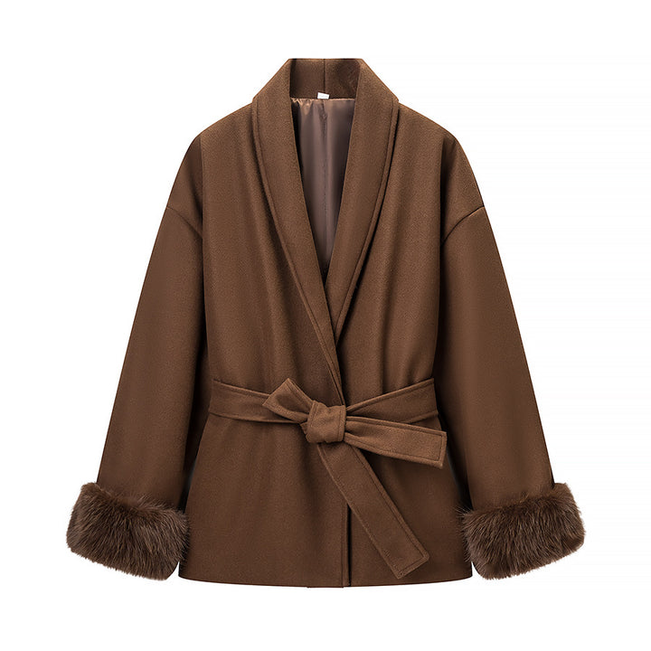 Veste féminine à la mode avec col doux doublé et ceinture à nouer Chic & Stil